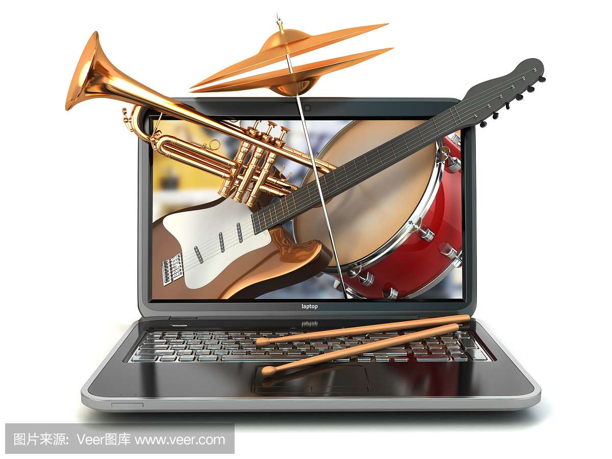 数字音乐作曲家的概念。笔记本电脑和乐器。
